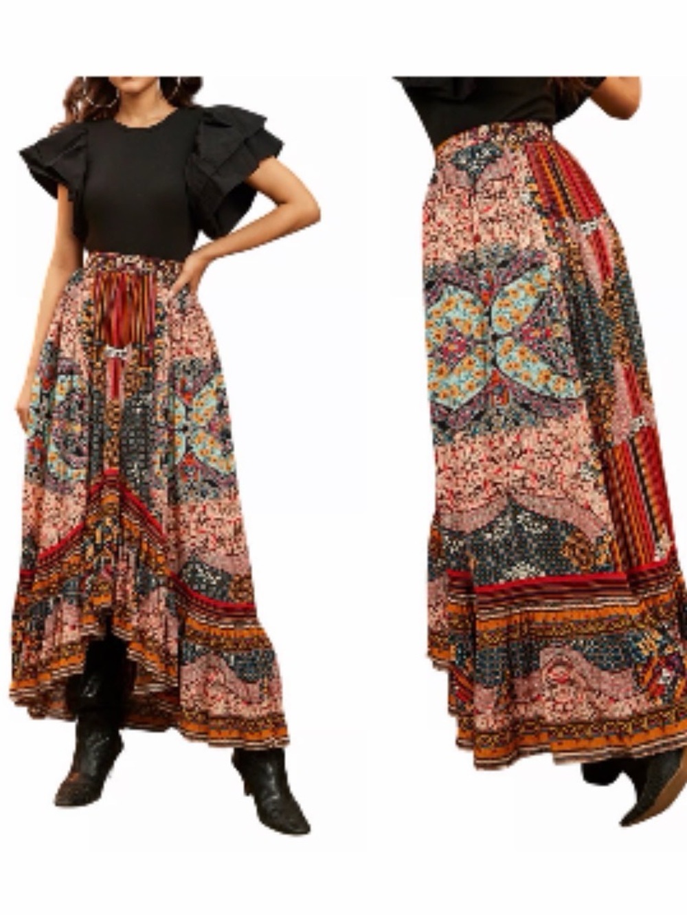 Bohemian Floral Patchwork Maxi Skirt in Teal & Pink